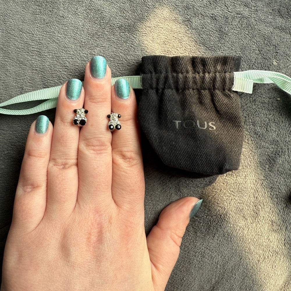 Tous Black and Cubic Zarconia Bear huggie hoops with pouch